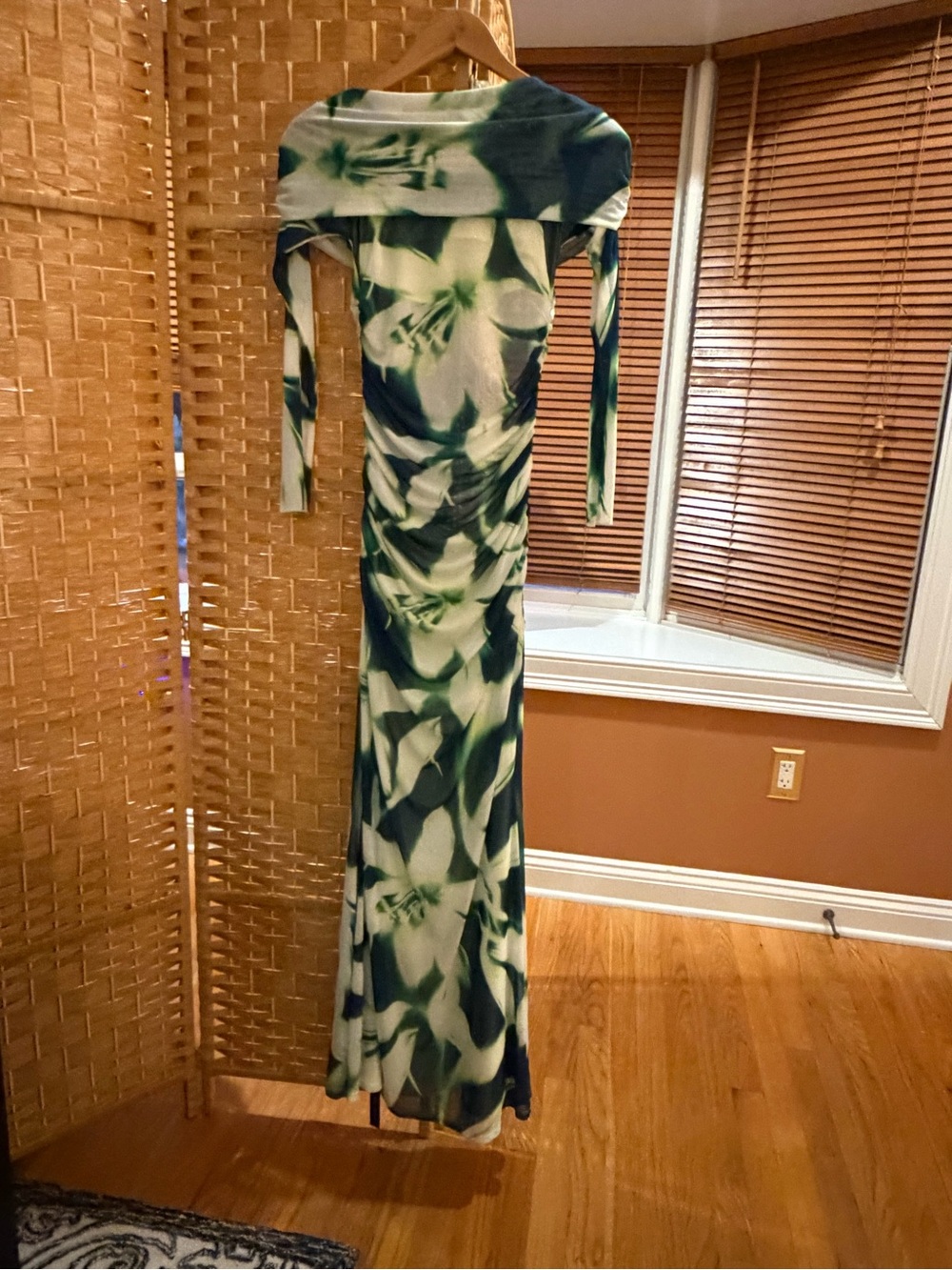 Anthropologie Green and White Floral Off-Shoulder Maxi Dress